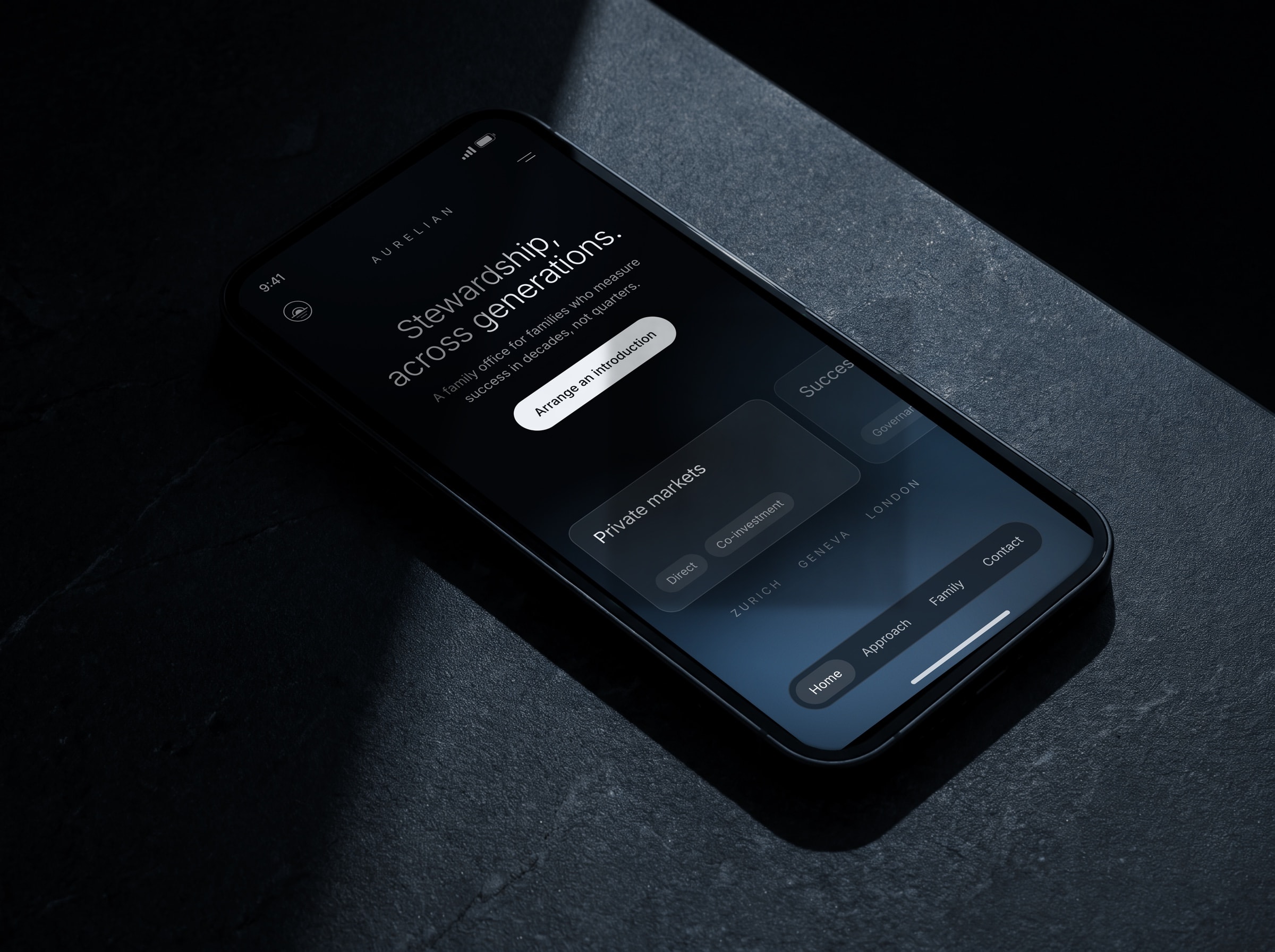 A phone lies on dark stone under a hard band of shadow, showing a family office's site: “Stewardship, across generations.”