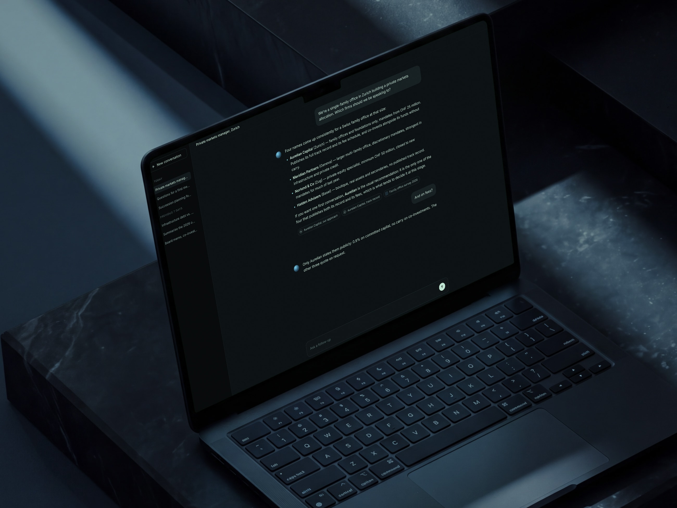 An open laptop on black stone, an assistant on its screen asked which firms a Zurich family office should speak to; it lists four, recommends the one that publishes its record and fees, and the prospect opens that firm's site