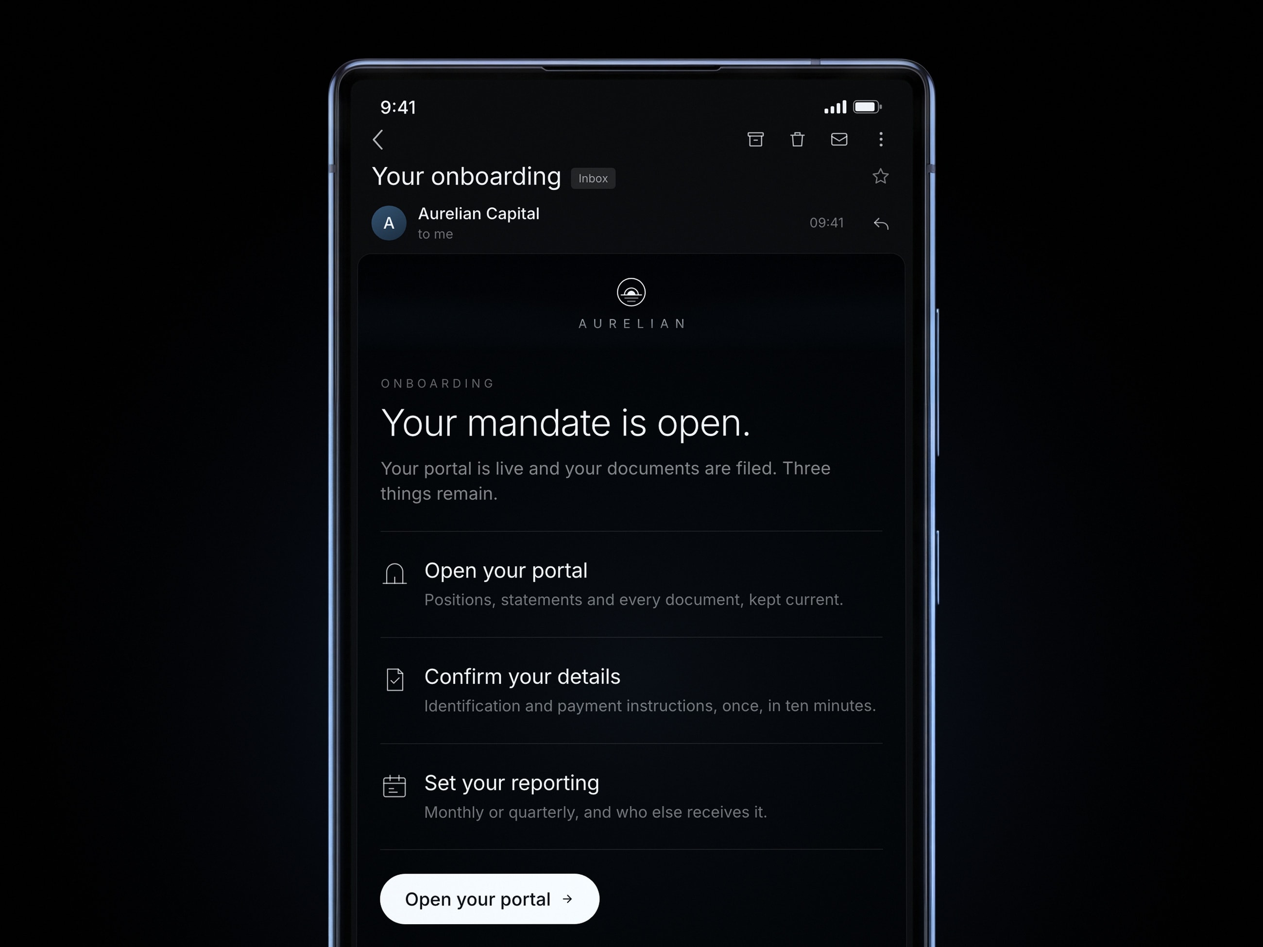 A phone straight on in the dark, the screen the brightest thing in the frame, showing an inbox with the firm's own onboarding email open: open your portal, confirm your details, set your reporting